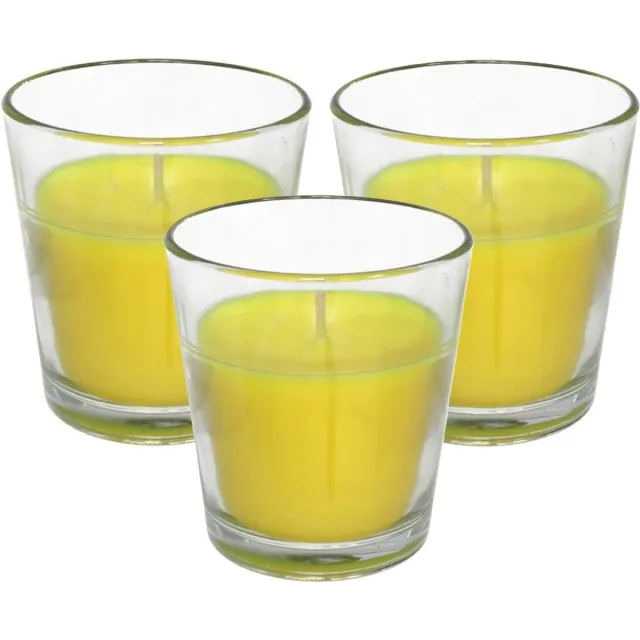 Gerimport Citronella kaarsje in potje - 3x - glas - 10 branduren - citrusgeur - geurkaars - geel