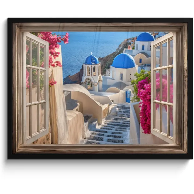 FrameYourWall Poster in lijst - Fotolijst 70x50 cm - Posters - Doorkijk - Santorini - Landschap - Blauw - Grieks - Posterlijst zwart - Decoratie - Wanddecoratie woonkamer - Muurdecoratie slaapkamer