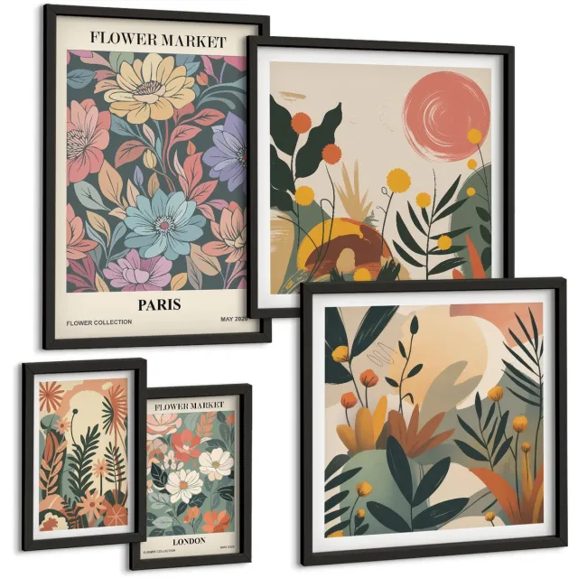 Coloray 5-Delige Schilderij Set - Bloemmotieven Van De Markten Van Parijs En Londen - 50 x 50 cm, 20 x 30 cm En 40 x 60 cm - Wanddecoratie - Muurdecoratie - Moderne Interieurdecoratie Zwarte lijst