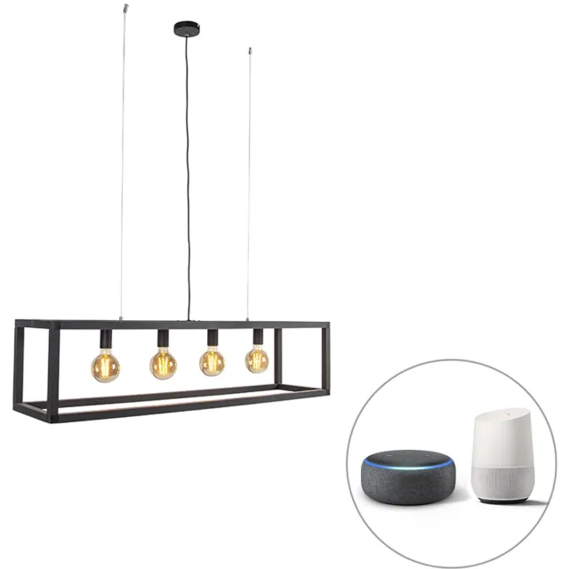 QAZQA big_cage2 - Industriele LED Smart Hanglamp eettafel incl. wifi voor boven de eettafel | in eetkamer - 4 lichts - L 118 cm - Zwart - Industrieel - Woonkamer | Slaapkamer Zwart Smart LED