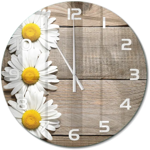 TULUP Wandklok - Madeliefjeshout Wandklok Glas Decoratie - fi60 cm - Bruin Gekleurde Glazen Klok - Witte handen - Ronde Klok - Klok Glas Met Opdruk - Moderne Wandklok Glas