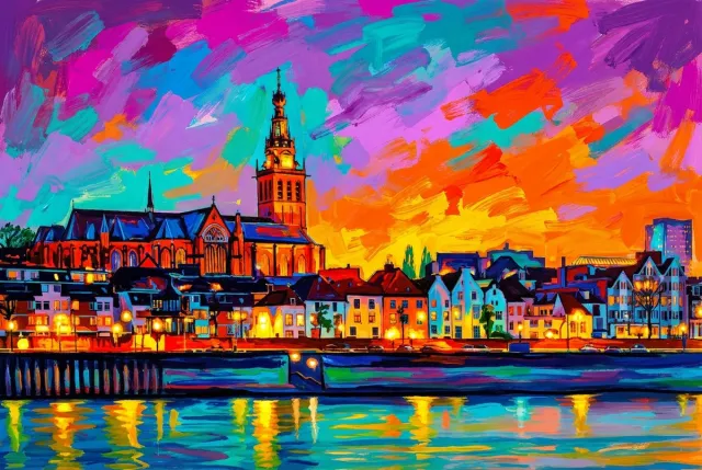 Atelier Iconique Skyline Nijmegen Fauvist Color Painting Skylines - Print op Canvas 90x60 cm - Atelier Iconique gedurfde, levendige en contrastrijke fauvistische kleuren