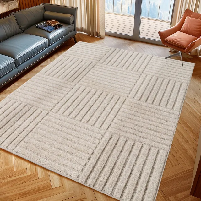 Moonay Kiyaro Kubo Vloerkleed Crème 280 x 370 cm - Japandi Scandinavisch - Geometrische Strepen - Hoog- en Laagpolig 3D Creme