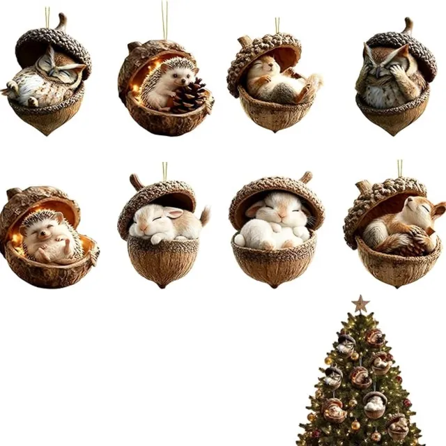 SKIEHAN 8-delige acryl kerstornamentenset met bosdieren en eikels, 2D-design - perfect voor kerstversieringsfeestjes. Veelkleurig