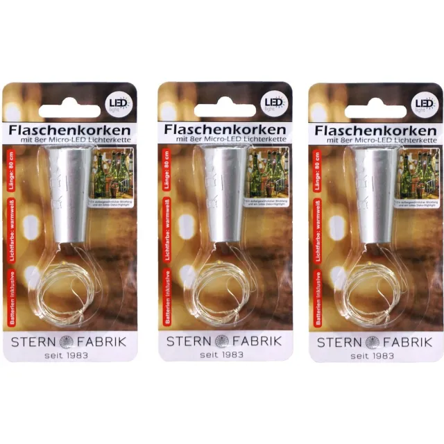 Stern fabrik flesverlichting kurk - 3x - lichtsnoer - zilver - LED - 80 cm - bottle lights
