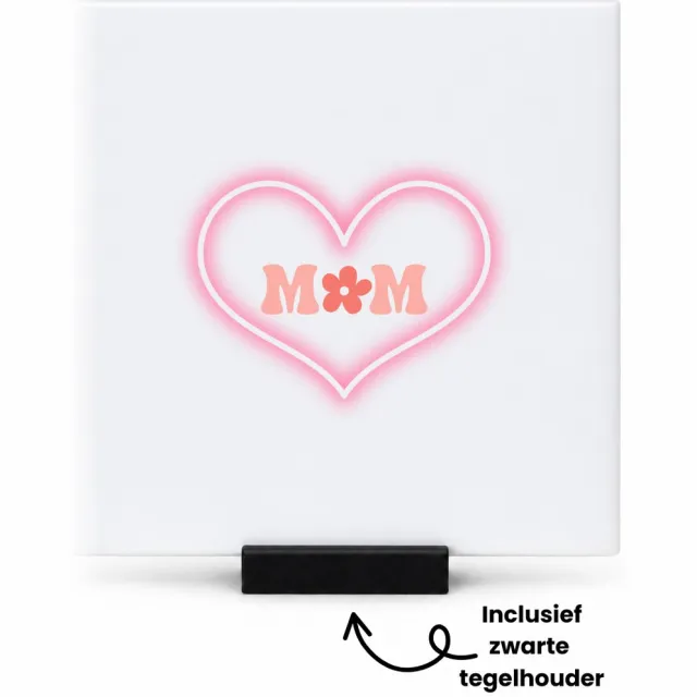 Hacebo Mom in neon hart tegeltje met tegelhouder - Liefste mama - Mom - tegeltjes met tekst - moederdag cadeautje - Cadeau voor mama - Verjaardag - Geschenk - Cadeau - Gift - spreuktegels - 10.8x10.8 CM Wit