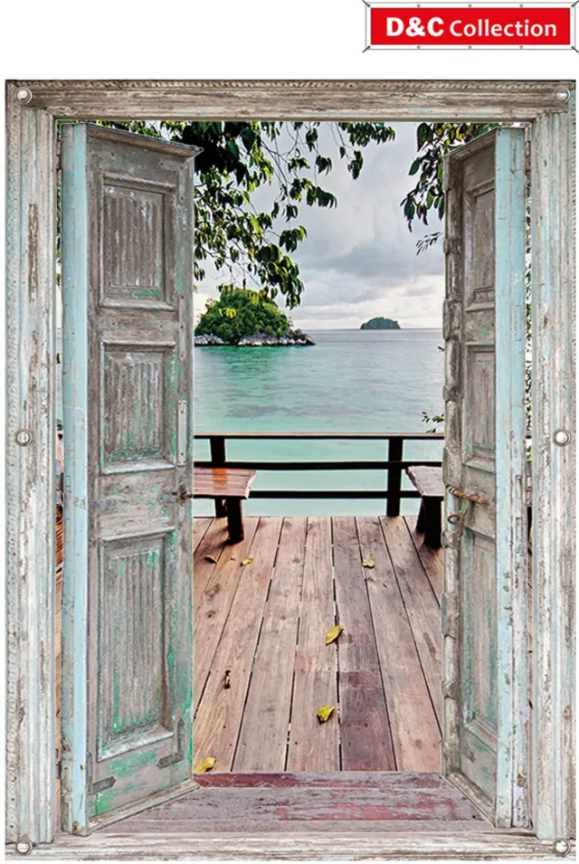 D&C Collection Doorkijk tuinposter - 95x130 cm - openslaande deuren Thaïs vlonderterras - doorkijk - eiland - tuindecoratie - tuindoek - balkon poster multi