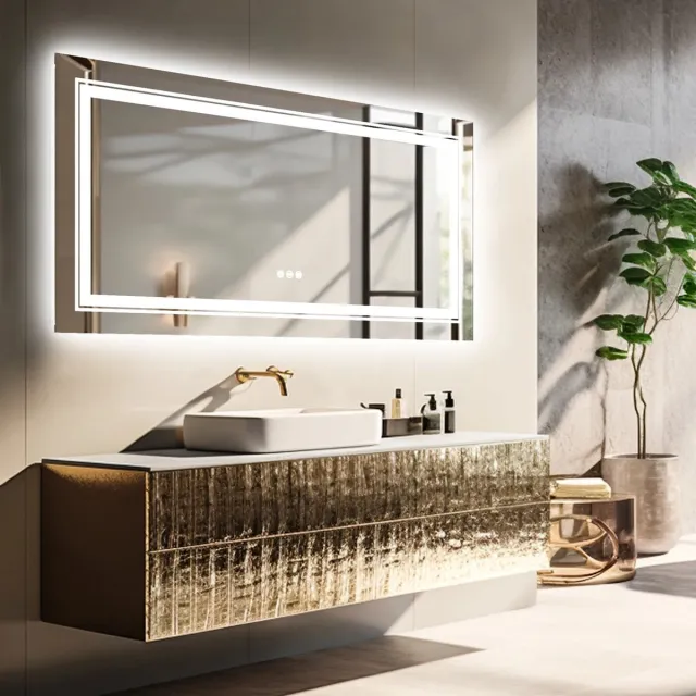 DHN Grote Badkamers spiegel met Led Verlichting - Spiegel met Dimbare verlichting - Salonspiegel met Led verlichting - Anti Mist - Wandspiegel met Led Verlichting Zilver