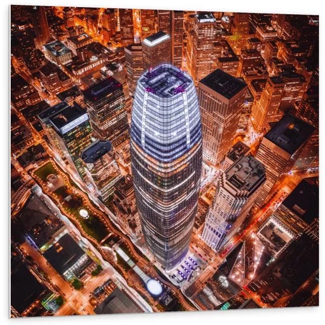 KuijsFotoprint Forex - Salesforce Tower Verlichting - San Francisco - 100x100cm Foto op Forex Blauw