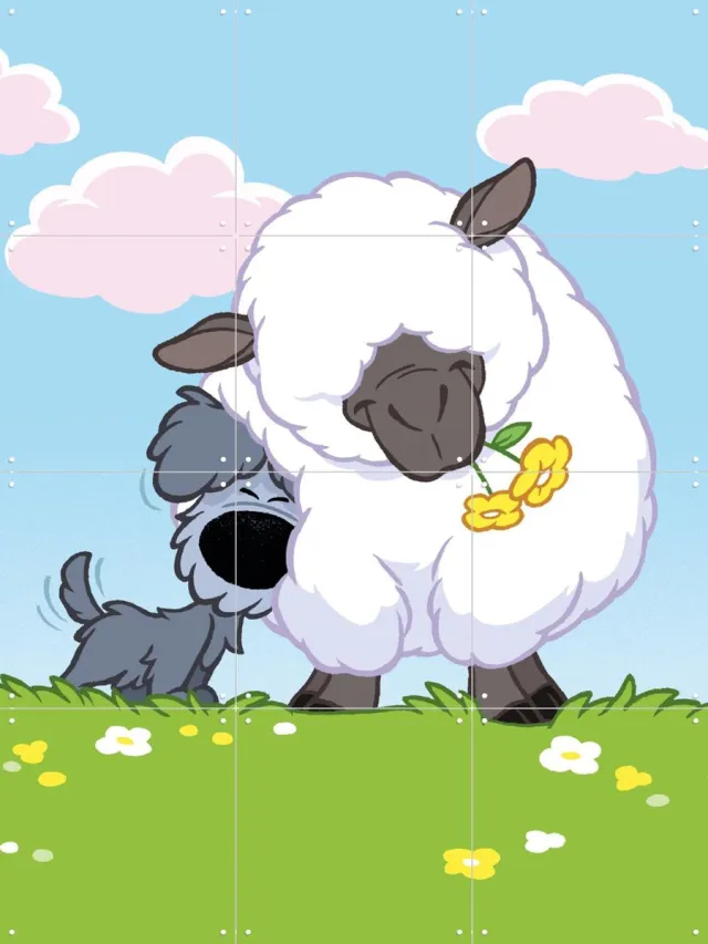 IXXI Woezel & het Schaap, Woezel & Pip & Van Hoorne Studios - 60 x 80 cm - Grote wanddecoratie en posters - Illustraties, Kleurrijk, Speels Geel / Groen / Wit / Blauw