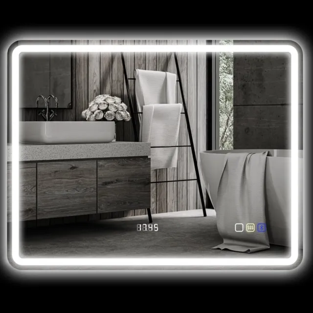 MIVRAY Badkamerspiegel – LED-Verlichting Met Bluetooth En Klok – 90 x 70 cm – Glas – Zilver – Wandmontage Condensvrij Met Geheugenfunctie