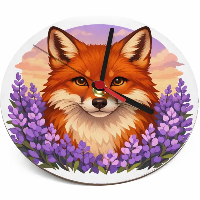 Mr Cadeautjes Klok rond Ø 19 - design Frontaal portret van een vos in een veld van paarse bloemen | cadeau Wit