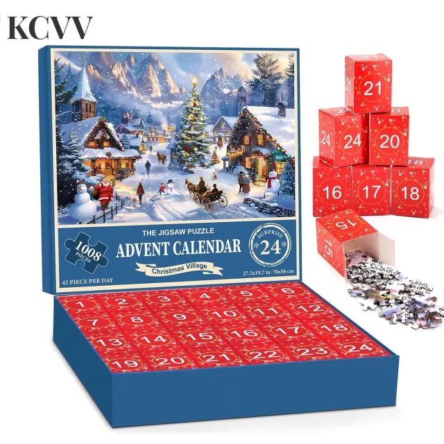KCVV Aftelpuzzel voor Kerstmis 2026 - adventskalender 2026 puzzel-adventskalender 2026-24 dagen - 1008 stukjes - 42 stukjes per dag - Een kerstcadeau voor het hele gezin - 27x26x5 cm