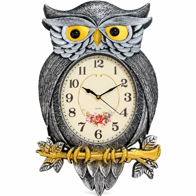 SWGOTA Uilenwandklok antiekgrijs 52 x 31 x 5,5 cm - Stil quartz-uurwerk met decoratieve wijzerplaat