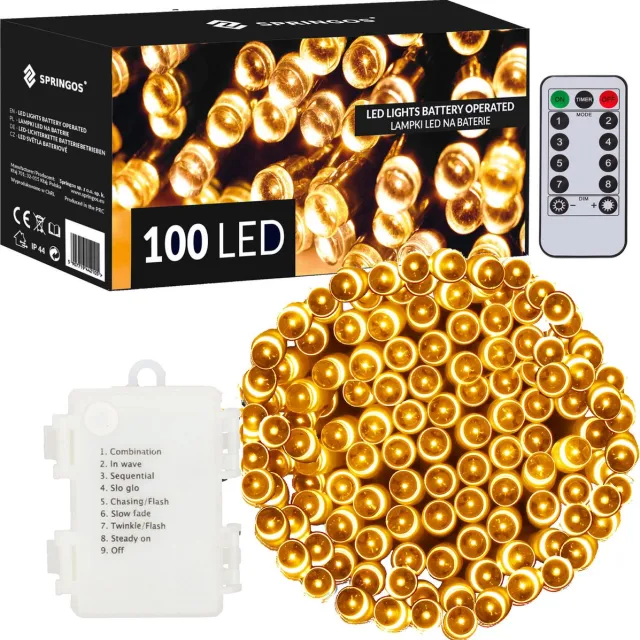 springos Kerstverlichting | 10,5 m | Batterij | Afstandsbediening | 100 LED | Warm Wit