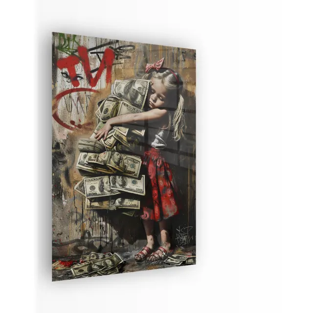 Indoorart Glasschilderij Streetart Money Hugs 40x60 CM - Afbeelding op plexiglas - Inclusief montagemateriaal bruin, rood, zwart, groen