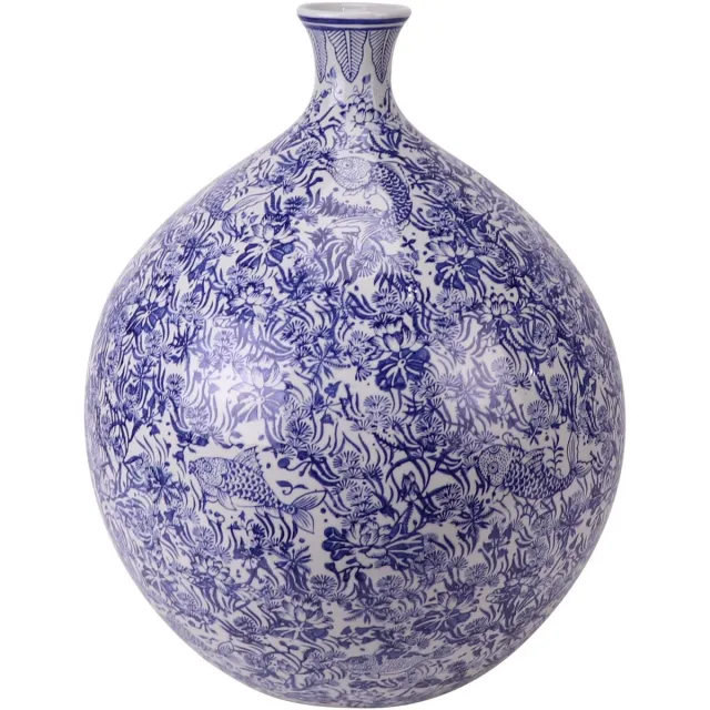 Fine Asianliving Chinese Vaas Porselein Blauw Wit Koi Vissen Handgeschilderd D36xH44cm Blauw, Wit