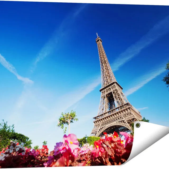Gards Tuinposter Eiffeltoren in Parijs met Bloemen - 80x60 cm - Tuindoek - Tuindecoratie - Wanddecoratie buiten - Tuinschilderij Multikleur