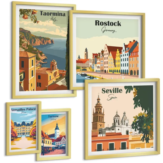 TULUP 5-Delige Schilderij Set - Landschappen van Europese steden met architectonische iconen - 50 x 50 cm, 20 x 30 cm en 40 x 60 cm - Wanddecoratie - Schilderijen Set - Kantoor - Muurdecoratie Gouden lijst