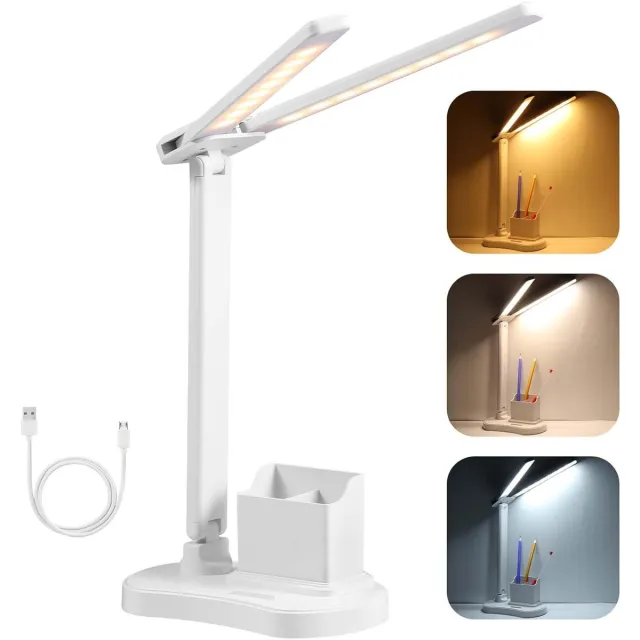 Nosheir LED-bureaulamp — Verstelbaar met 3 helderheidsniveaus en 3 kleurtemperaturen; werkt via USB; ideaal voor lezen en studeren in studentenkamers of slaapkamers; draagbaar, inklapbaar ontwerp met touch-dimfunctie — Wit