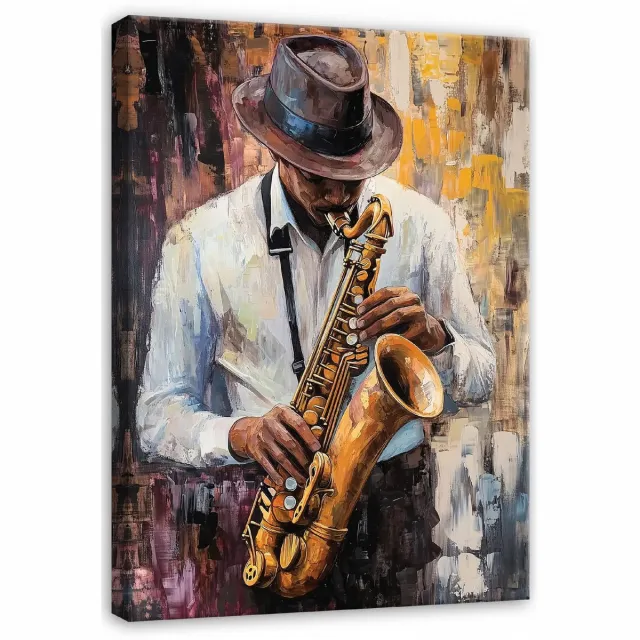 WALLARENA Canvas schilderij - 60x40 cm - afbeelding van een man met een saxofoon, perfect voor slaapkamer, salon of keuken multikleurig