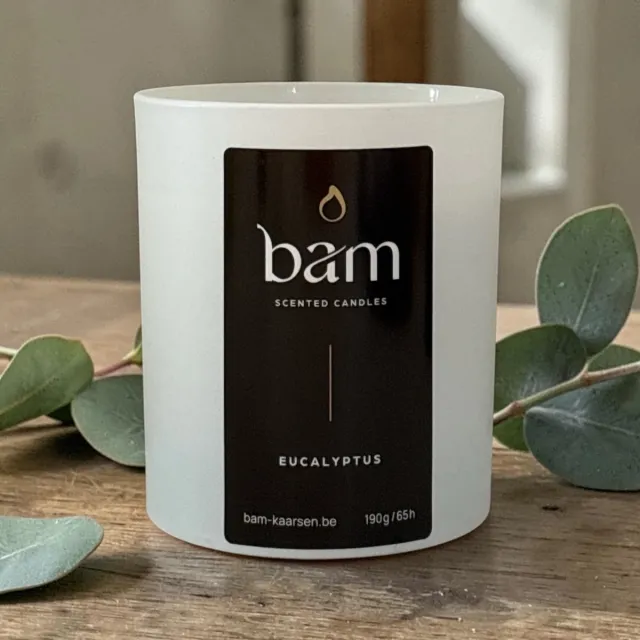 Bam Eucalyptus Geurkaars – Houten Wiek – Vegan Kaars van Zonnebloemwas – 60 Branduren – Handgemaakt in België wit