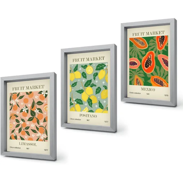 Coloray 4-Delige Schilderij Set - Citrus- en tropische vruchten in retrostijl - 20 x 30 cm - Moderne Wanddecoratie - Slaapkamer Zilveren lijst