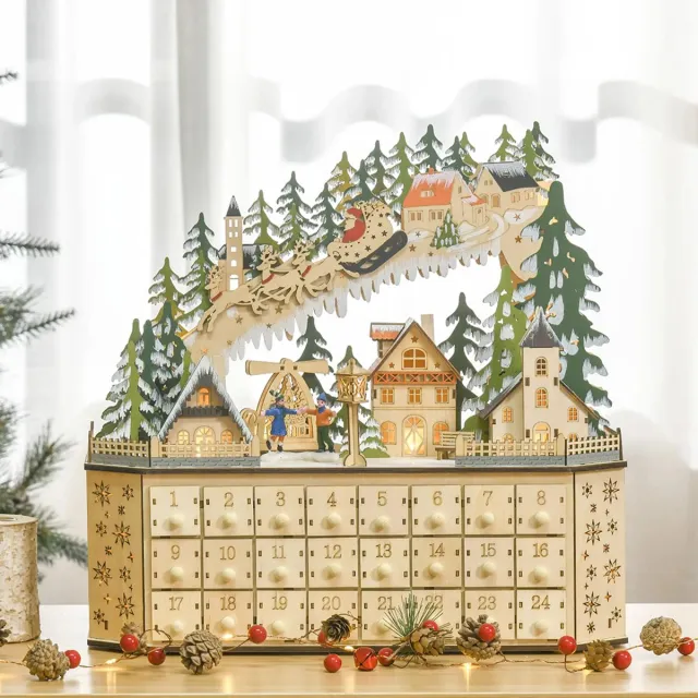 Sweiko Adventskalender - Kerstversieringen - 24 lades - LED-verlichting - Natuurlijk + Groen naturel hout