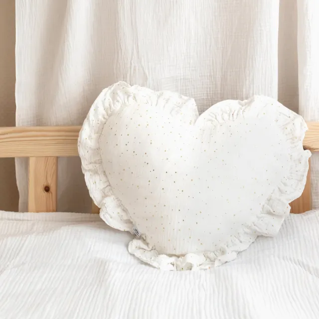 Lilimaus Sierkussen hart met ruche en gouden details - mousseline katoen - wit Wit met ruche en gouden details