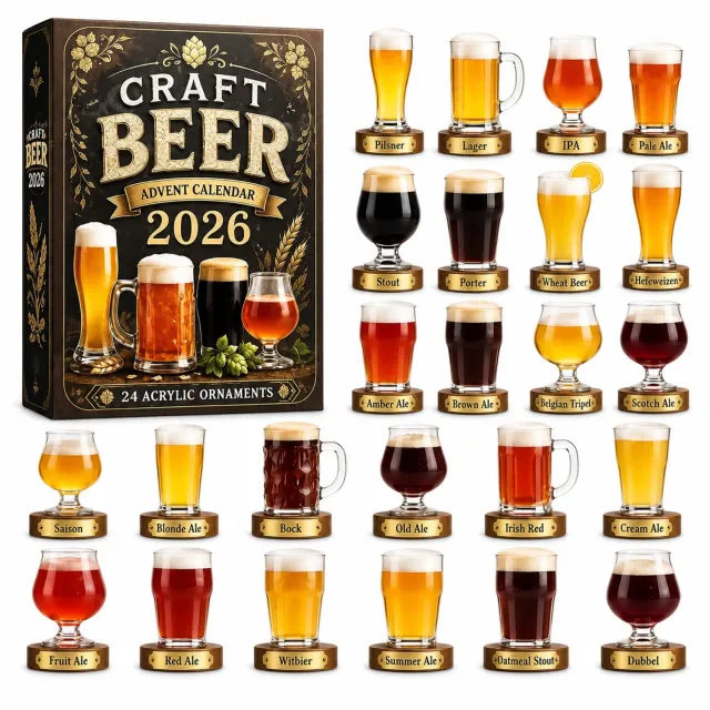 SWGOTA Adventskalender 2026 met bierthema - 24 platte hangdecoraties in bierglasvorm - in papieren doos Bruin