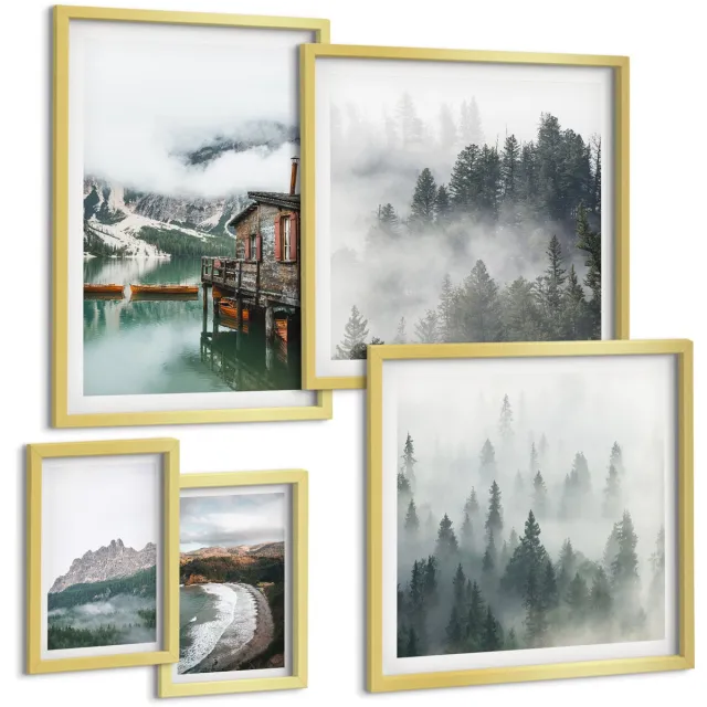 Coloray 5-Delige Schilderij Set - Berglandschappen Met Huisjes Aan Het Water En In De Bossen. - 50 x 50 cm, 20 x 30 cm En 40 x 60 cm - Stijlvolle Muurdecoratie - Slaapkamer - Decoratieve Schilderijen Gouden lijst