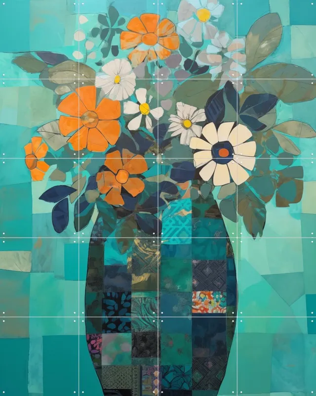IXXI Abstract Vase, Andreas Magnusson & Various - 80 x 100 cm - Grote wanddecoratie en posters - Abstract, Gemengde Technieken, Geometrische Kunst Blauw / Groen / Oranje