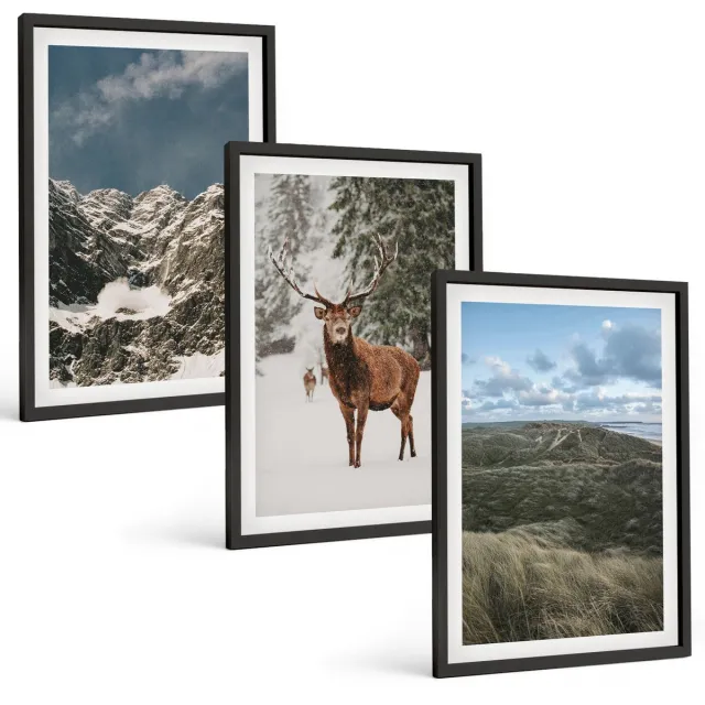 Coloray 3-Delige Schilderij Set - Bergen Met Sneeuwherten In Boslandschappen - 40 x 60 cm - Moderne Wanddecoratie - Woonkamer - Woonkamer Decoratie Zwarte lijst