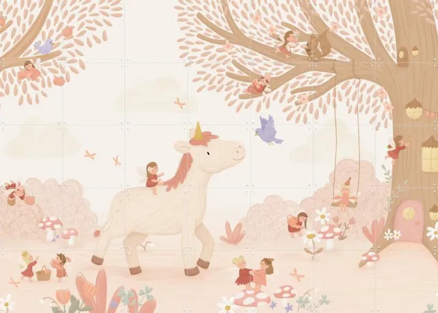 IXXI Unicorn in Fairyland, Love by Lily - 140 x 100 cm - Grote wanddecoratie en posters - Speels, Illustraties, Fantasierijk, Digitale Kunst Roze / Beige