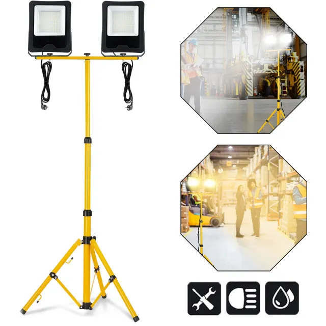 Aufun Led Bouwspot, 2 X 200 W Spots, Koel Wit Met Statief En 3 M Kabel, Led-Schijnwerper, Werklamp, Waterdicht Ip65 Voor Binnen- En Buitengebruik, Garage, Bouwplaats, Sport