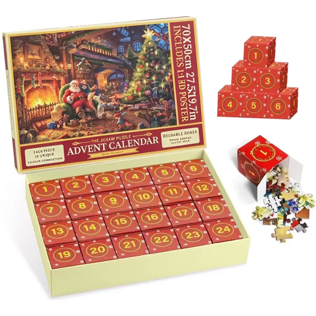 Flintry Puzzel Adventskalender 2026, Kerstdecoratie, 1008 Puzzel voor Volwassenen, 24 Dagen Aftelkalender, Kerstman Puzzel, Adventskalender Kerstdecoratie, Adventskalender Blue