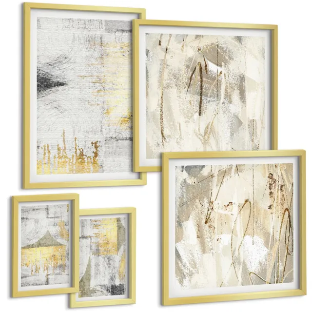 Coloray 5-Delige Schilderij Set - Stijlvolle Abstracte Composities Met Geometrische Patronen - 50 x 50 cm, 20 x 30 cm En 40 x 60 cm - Moderne Wanddecoratie - Slaapkamer - Stijlvolle Muurdecoratie Gouden lijst