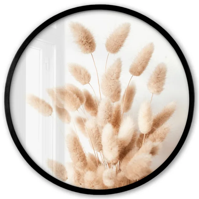 FrameYourWall Poster in lijst Rond - Fotolijst 40x40 cm - Posters - Pampasgras - Pluim - Wit - Beige - Ronde posterlijst zwart - Decoratie - Wanddecoratie woonkamer - Muurdecoratie slaapkamer