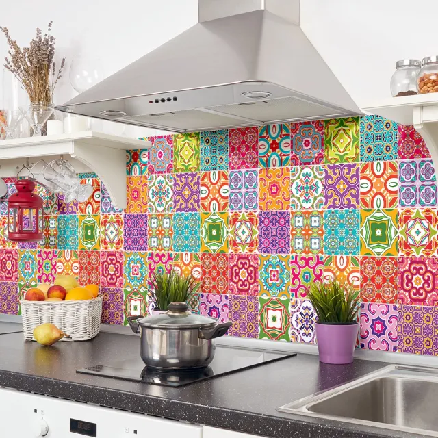 Ambiance Sticker Zelfklevende tegelmuurstickers voor keuken en badkamer - 30 cementtegelstickers (Azulejos Relina) - 30 stickers 10x10cm Multi color