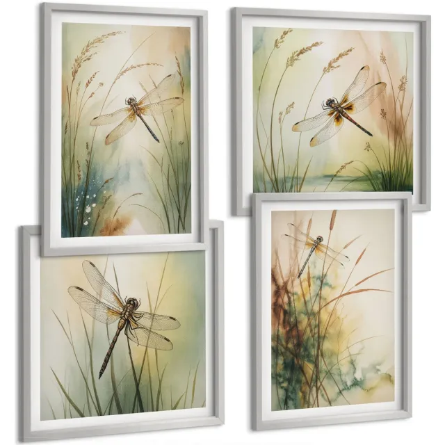 Coloray 4-Delige Schilderij Set - Geschilderd Gras Met Libellen Boven Het Water. - 40 x 40 cm En 40 x 60 cm - Muurdecoratie - Wanddecoratie - Hal - Stijlvolle Muurdecoratie Zilveren lijst