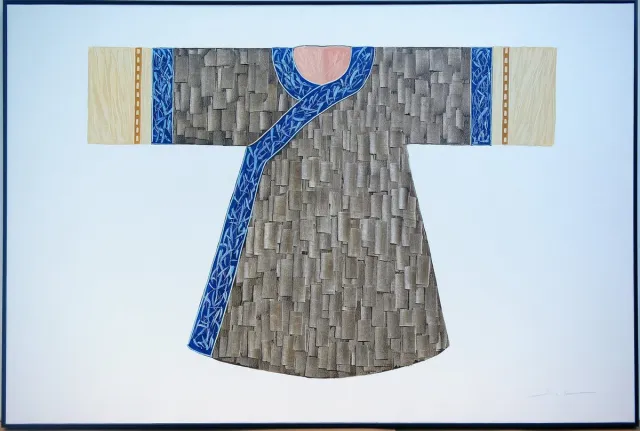 Fine Asianliving Olieverf Schilderij 100% Handgeschilderd 3D met Reliëf Effect en Zwarte Omlijsting 150x100cm Kimono Blauw Naturel Blauw, Naturel