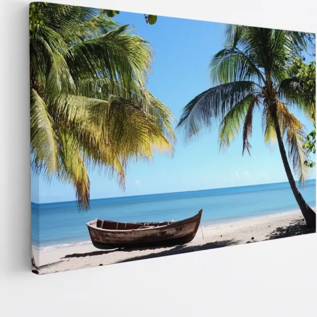 Saammp Canvas Schilderij - Boot op het zand - strand en zee - Tropisch - 70x50 - Foto op canvas - Wanddecoratie - muurdecoratie Woonkamer - Slaapkamer decoratie - Canvas Print Multicolor