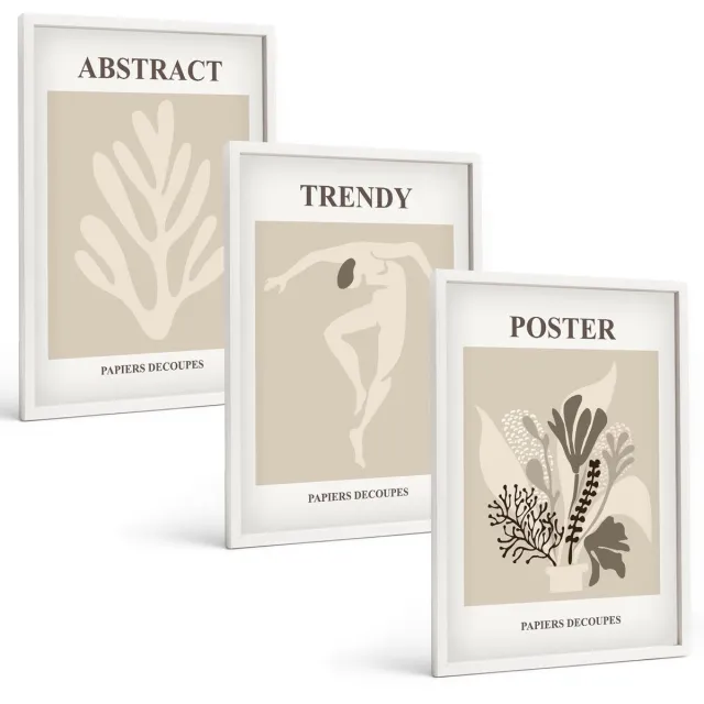 TULUP 3-Delige Schilderij Set - Plantenpatronen in beige en bruine tinten - 40x60 - Moderne Wanddecoratie - Woonkamer Witte lijst