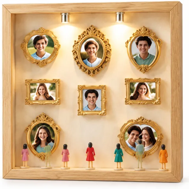 SWGOTA Witte vierkante displaylijst met 8 miniatuurlijstjes en 8 willekeurige figuurtjes - Binnenmaat 17,8 x 17,8 x 3 cm - Tafeldecoratie