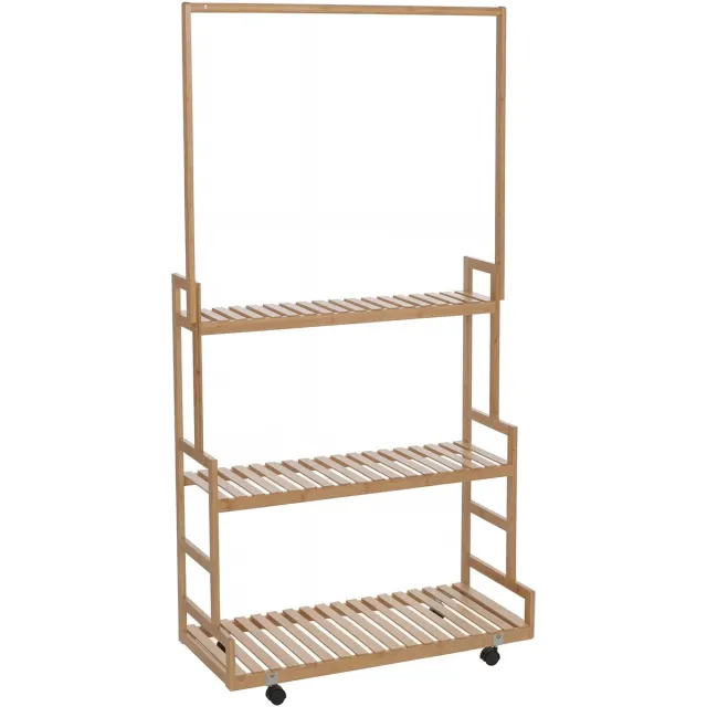 MCW Bamboe kapstok MCW-Q33, kapstok, kledingrek, schoenenrek, met 1 stang en 3 planken, op wieltjes, 175x93x38 cm ~ naturel