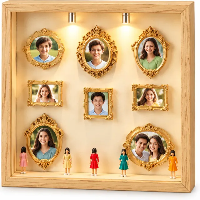 SWGOTA Zwarte vierkante MDF-displaylijst voor op tafel - Binnenmaat 20,3 x 20,3 x 3 cm - Inclusief 2 lampjes