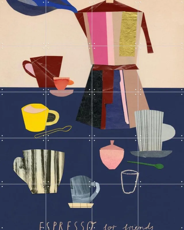 IXXI Espresso 1, Signorinah - 80 x 100 cm - Grote wanddecoratie en posters - Speels, Collage, Illustraties, Vintage, Café, Eetkamer, Keuken Blauw / Warme kleuren