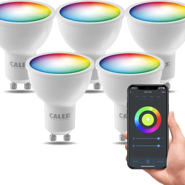 Calex Slimme Lamp - Kleurlamp set van 5 stuks - Wifi LED Verlichting - GU10 - Smart Lamp - Dimbaar - RGB en Warm Wit - 4.9W