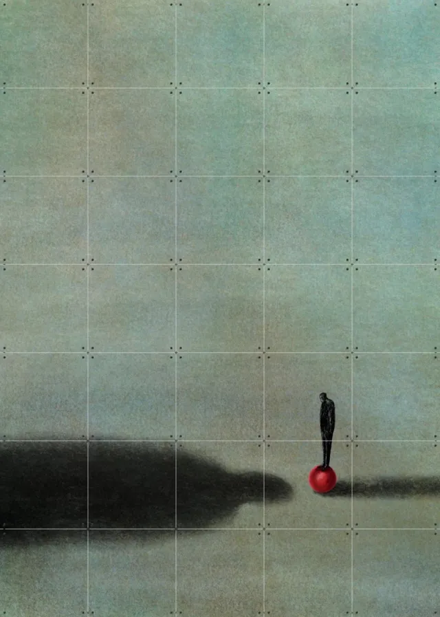 IXXI Red Dot, Jetske Kox - 100 x 140 cm - Grote wanddecoratie en posters - Illustraties, Surrealisme, Minimalisme, Woonkamer, Slaapkamer, Silhouetten Donkere tinten / Rood / Warme kleuren