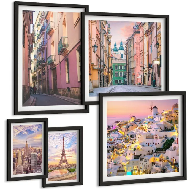 Coloray 5-Delige Schilderij Set - Charmante Steden En Pittoreske Europese Landschappen - 50 x 50 cm, 20 x 30 cm En 40 x 60 cm - Muurdecoratie - Wanddecoratie - Hal - Stijlvolle Muurdecoratie Zwarte lijst